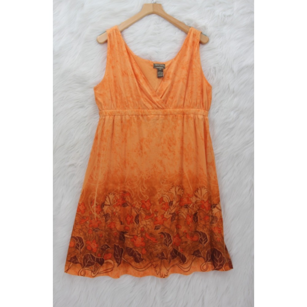 JANE ASHLEY Orange Sleeveless Dress XL Empire Waist Y2K Floral Boho Sundress